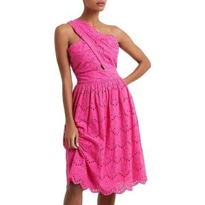 French Connection Appelona One Shoulder Cut-Out Midi Dress Pink Eyelet NWOT